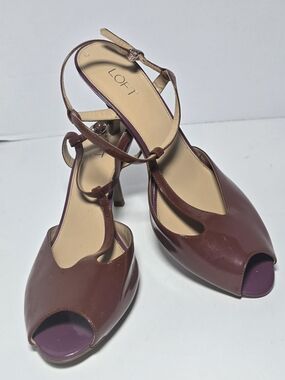LOFT Burgundy Patent Peep-Toe T-Strap Heels